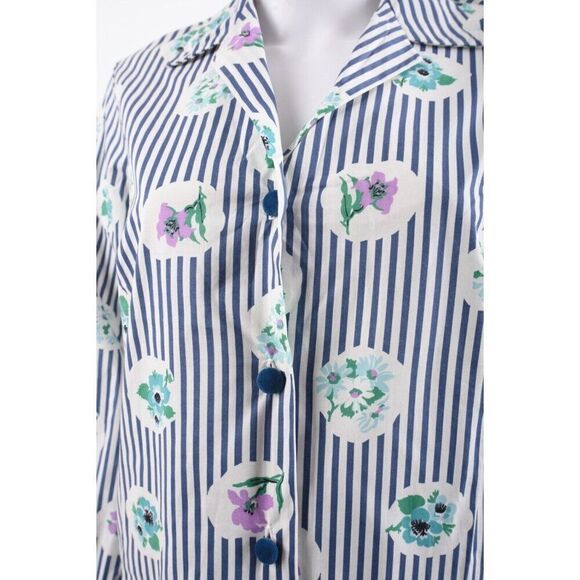 Vintage Womens PJ Pajama Shirt & Shorts Set M Blue White Striped Floral - Picture 4 of 13